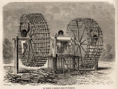 Le moulin à broyer la canne à sucre de Sarayacu (Pérou), dessin de Riou, pour illustrer le voyage de Paul Marcoy de l