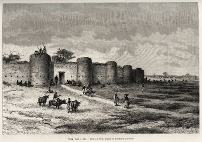 La ville de Tiong-Gi (Tiong Gi, Mali), avec ses fortifications et ses tours en argile. Gravure pour illustrer l