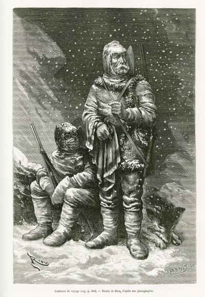 La tenue de voyage du lieutenant Payer et du lieutenant Weyprecht, plusieurs épaisseurs de vêtements pour lutter contre les bourrasques de neige, une veste en cuir rétractable pour protéger le visage du gel, des bottes et des mitaines en voile et flanelle  - Edouard Riou