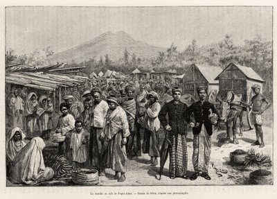 La promenade au Café Pager Alam (Malaisie). Gravure par Riou pour illustrer l