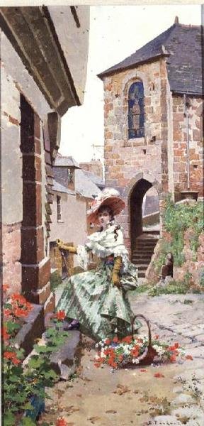 Femme parisienne avec un panier de fleurs - Edouard Toudouze
