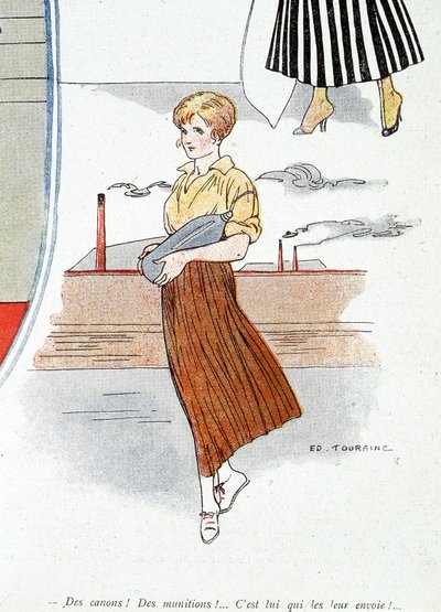 Femme fabriquant des munitions pour la guerre 1914-1918. « Camions ! munitions ! Il les envoie ! » Dans « Baïonnette », le 25/11/1915 (gravure) - Edouard Touraine