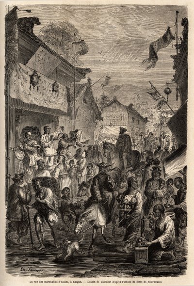 La rue des marchands de vêtements, Kalgan, Mongolie. Dessin de Vaumort (? -1886), pour illustrer le voyage de Shanghai à Moscou, de 1859 à 1862, de M. de Bourboulon, ministre français en Chine. Gravure dans "Le tour du monde", édité par Edouard Charton - Edouard Vaumort