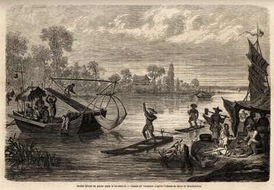 Les diverses méthodes de pêche des rivières dans la province de Pet Tche Li (pêche au feu, pêche au trident, pêche au poisson, pêche aux échecs et pêche au bord) sont décrites. Dessin de Vaumort, pour illustrer le voyage de Shanghai à Moscou, de 185 - Edouard Vaumort