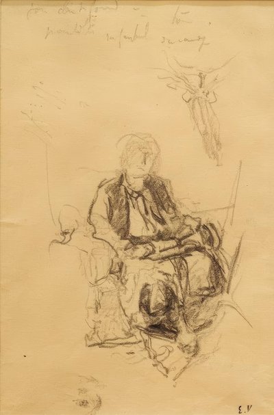 Madame Bénard assise avec étude dessinée de son foulard - Edouard Vuillard