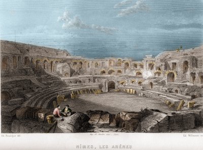 Les arènes de Nîmes, Gard, Languedoc-Roussillon, France. Gravure par Willmann dans « La France ancienne et moderne » de Jean-Bernard Mary-Lafon - Edouard Willmann