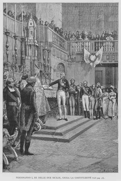 Ferdinand Ier, roi des Deux-Siciles, prête serment à la Constitution (gravure) - Edouardo Matania