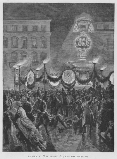 La soirée du 8 septembre 1847 à Milan (gravure) - Edouardo Matania