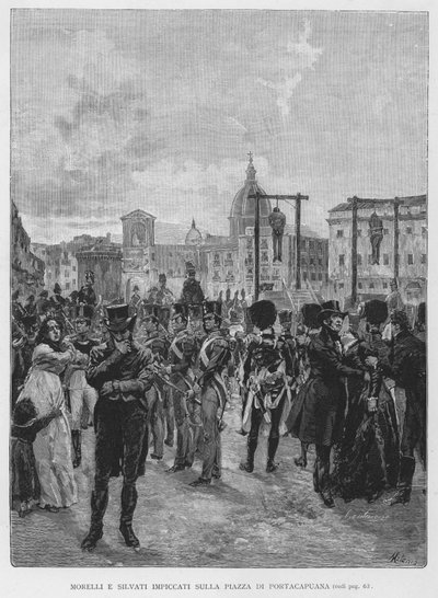 Morelli et Silvati pendus sur la place de Portacapuana (gravure) - Edouardo Matania