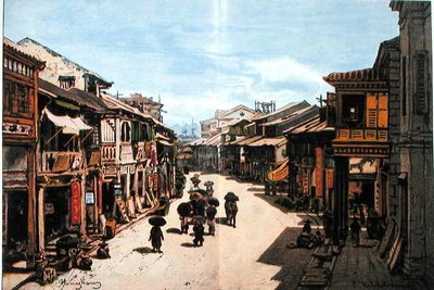 Une rue à Hong Kong au milieu du XIXe siècle - Eduard (after) Hildebrandt