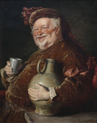 Falstaff avec une chope de vin et une tasse en étain, 1910 - Eduard Gruetzner von