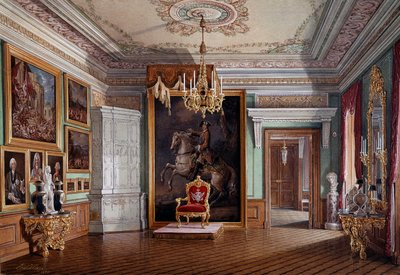 Vue de la salle du trône de Paul Ier à Gatchina, au centre le portrait de Pierre Ier - Eduard Hau