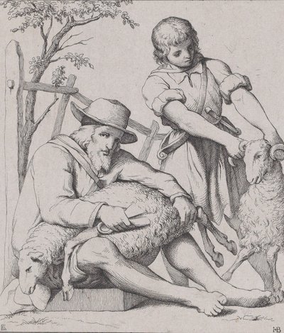 Deux hommes tondant des moutons - Eduard Julius Friedrich Bendemann