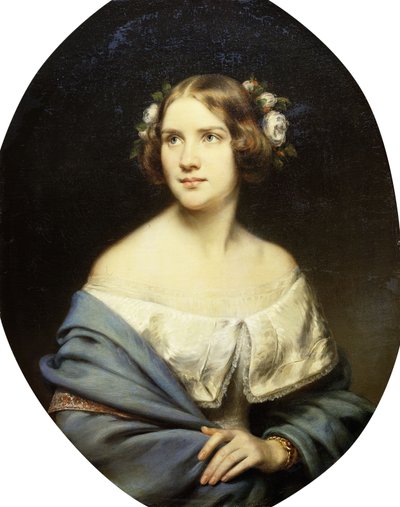 Portrait de Jenny Lind, debout à mi-longueur dans une robe blanche et un châle bleu clair - Eduard Magnus