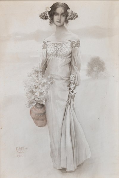 Une fille avec une cruche et un bouquet de fleurs - Eduard Veith