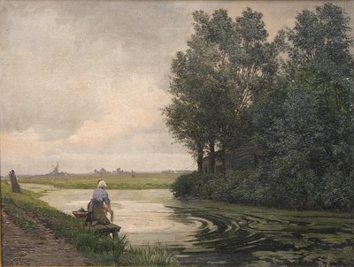 Paysage néerlandais. Une fille lavant au bord d