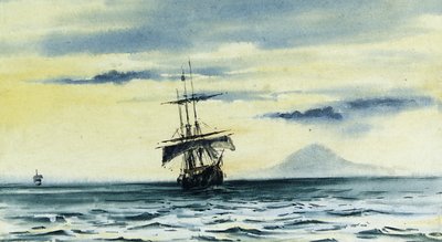La dernière vue du Mont Discovery : SS. "Morning" et "Terra Nova" suivant le "Discovery" hors du détroit de McMurdo, 19 février 1904 minuit, 1904 - Edward Adrian Wilson