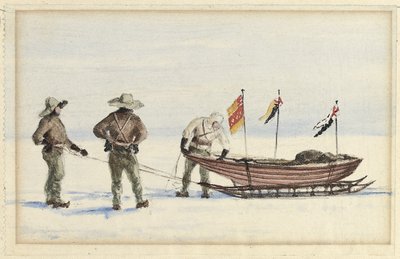 La fête en traîneau à White Island, février 1902 : Shackleton, Wilson et Ferrar se préparant à partir, 1902 - Edward Adrian Wilson