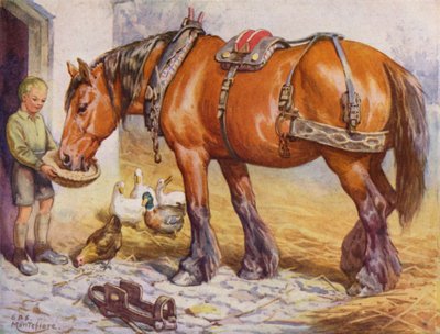 Garçon nourrissant un cheval dans une cour de ferme - Edward Brice Montefiore