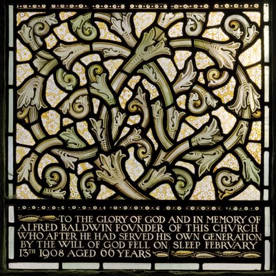 Wilden, All Saints, Morris & Co., Edward Burne-Jones, John Henry Dearle, Dedication to Alfred Baldwin from The Joshua window - Edward Coley and Dearle Burne Jones