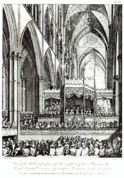 Vue de la galerie préparée pour la réception de leurs Majestés la famille royale, les directeurs et les principales personnalités du royaume à la commémoration de Haendel à l