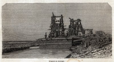 Dragues sur le canal de Suez, dessin de Grenet, pour illustrer une excursion au canal de Suez en 1862 par Paul Merruau. Gravure dans « Le tour du monde », édité par Edouard Charton - Edward Grenet
