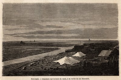 Chantiers navals de Port-Saïd, au bord du canal de Suez, à sa sortie du lac Menzaleh, dessin de Grenet, pour illustrer une excursion au canal de Suez, en 1862, par Paul Merruau. Gravure dans "Le tour du monde", édité par Edouard Charton - Edward Grenet