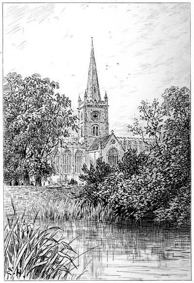 Église de Stratford vue depuis la rivière, Stratford-upon-Avon, Warwickshire, 1885 - Edward Hull