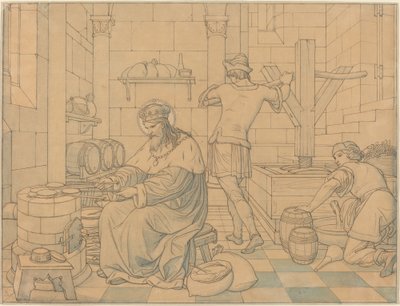 Saint Wenzel cuisinant des hosties tandis que deux jeunes pressent du vin - Edward Jakob von Steinle