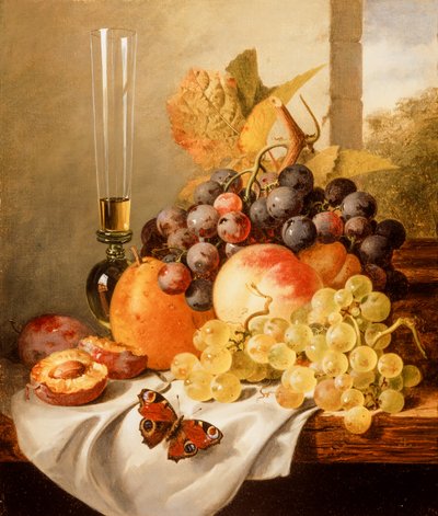 Fruits sur un rebord drapé avec un vulcain - Edward Ladell