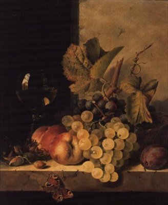 Raisins, pêches et un verre de vin sur une corniche - Edward Ladell