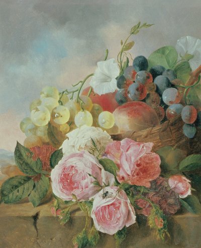 Nature morte de fruits et roses sur un rebord - Edward Ladell