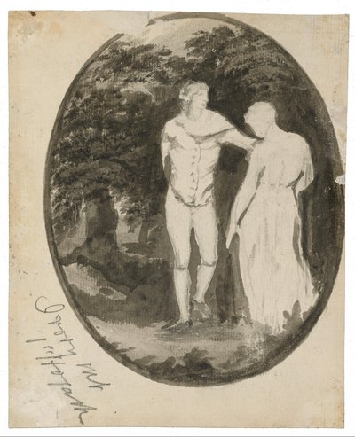 Couple dans un paysage boisé dans un cadre ovale - Edward Lear