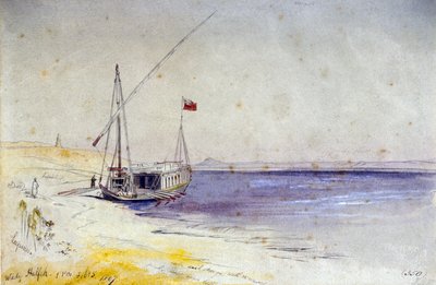 Un bateau égyptien amarré sur la rive du Nil, près de Wady Halfeh (Égypte). Dessin aquarelle coloré - Edward Lear