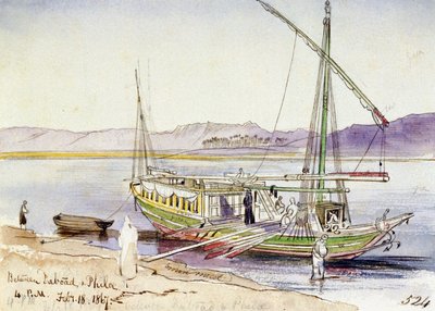 Bateau égyptien amarré sur la rive du Nil, entre Daboad et Philae (Égypte). Dessin aquarelle coloré - Edward Lear