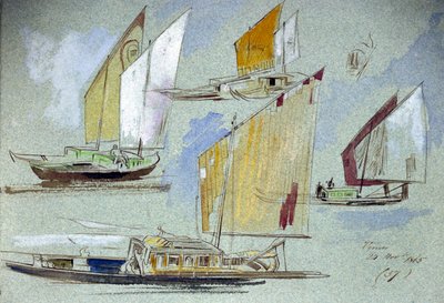 Études de bateaux vénitiens, à pleine voile. Dessin à l