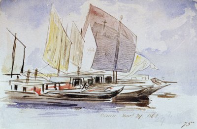 Études de bateaux vénitiens, pleine voile, vue de tribord - Edward Lear