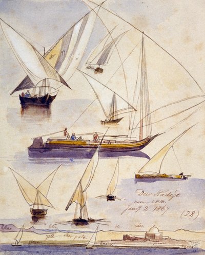 Études de divers bateaux égyptiens (y compris des dahabeeyahs et des gyassis) près de Deir KAdige (Égypte) représentés sur un tronçon calme et, en bas de la page, une vue des rives du Nil avec une mosquée - Edward Lear