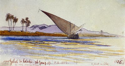 Les rives du Nil (Égypte), avec des palmiers et des gyassi face à la rive, près de Gebel el Silsileh. Dessin aquarelle coloré - Edward Lear