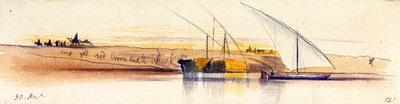 Les rives du Nil (Égypte), avec trois gyassis, dont deux lourdement chargés de paille, en arrière-plan, personnages et animaux sont représentés au coucher du soleil - Edward Lear