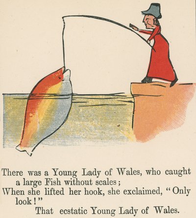 Il y avait une jeune dame du Pays de Galles, qui attrapa un grand poisson sans écailles, de 