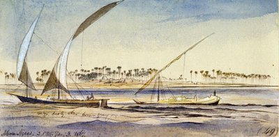 Deux bateaux égyptiens (un nuggar et un djem) naviguant sur le Nil, près d