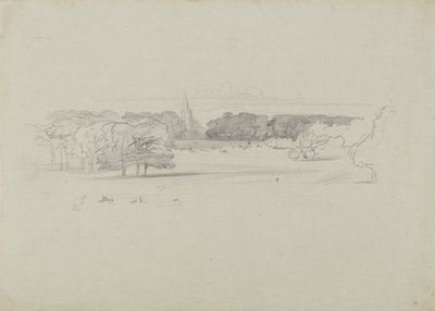 Vue sur une église à travers une prairie - Edward Lear
