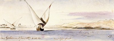 Vue du Nil près de Golosona, avec un bateau égyptien traditionnel naviguant - Edward Lear