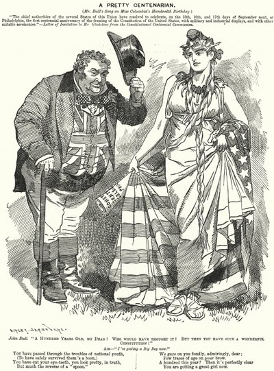 Caricature de Punch : Une Jolie Centenaire - le centenaire de la rédaction de la Constitution des États-Unis - Edward Linley (after) Sambourne