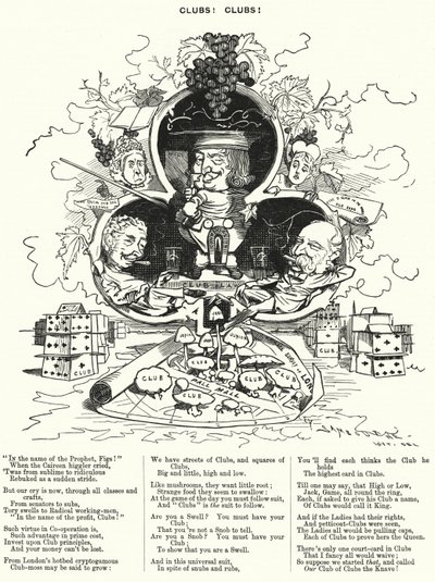 Caricature de Punch : Clubs ! Clubs ! - la profusion de clubs de gentlemen à Londres - Edward Linley (after) Sambourne