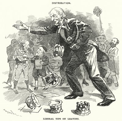 Caricature de Punch : Distribution. Conseils libéraux au départ (gravure) - Edward Linley (after) Sambourne