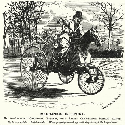 Caricature de Punch : Mécanique dans le sport. No 3. - Chasseurs à ressort améliorés, avec action de selle à bosse brevetée (gravure) - Edward Linley (after) Sambourne