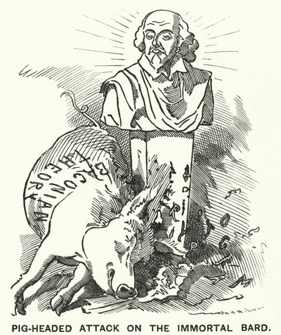 Caricature de Punch : Attaque bornée contre le Barde immortel - la théorie selon laquelle les pièces de William Shakespeare ont été écrites par Sir Francis Bacon - Edward Linley (after) Sambourne