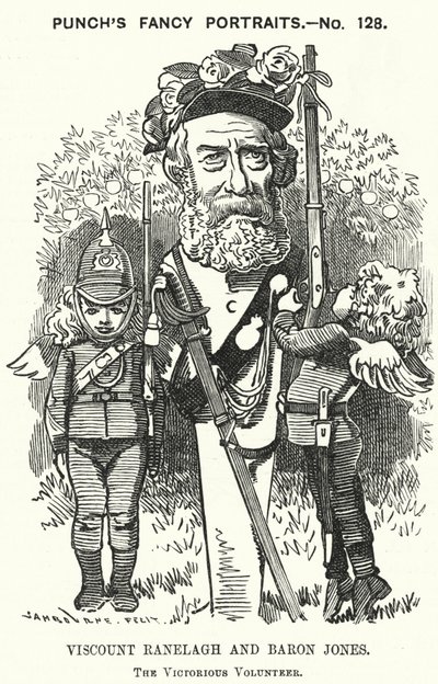 Caricature de Punch : Thomas Heron Jones, 7e vicomte Ranelagh et baron Jones de Navan, promoteur du mouvement des volontaires pour l